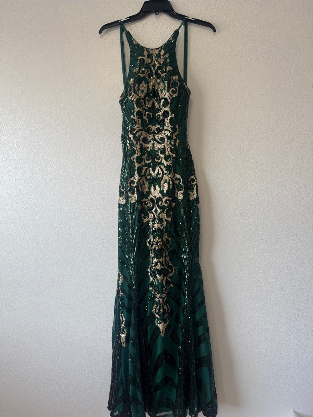 Emerald Green Sequin Halter Prom Gown with Gold Embellishment